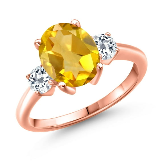 Gem Stone King 3.06 Ct Oval Yellow Citrine White Topaz 18K Rose Gold Plated Silver Ring