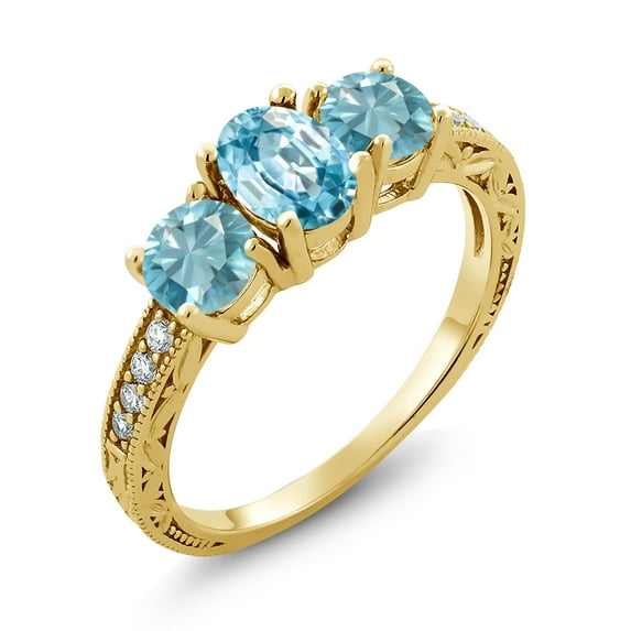 Gem Stone King 3.07 Ct Oval Blue Zircon 18K Yellow Gold Plated Silver Moissanite Ring (Size 5)
