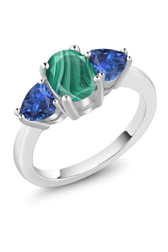 3.08 Ct Oval Green Malachite Blue Created Sapphire 925 Sterling Silver Ring (Size 5)