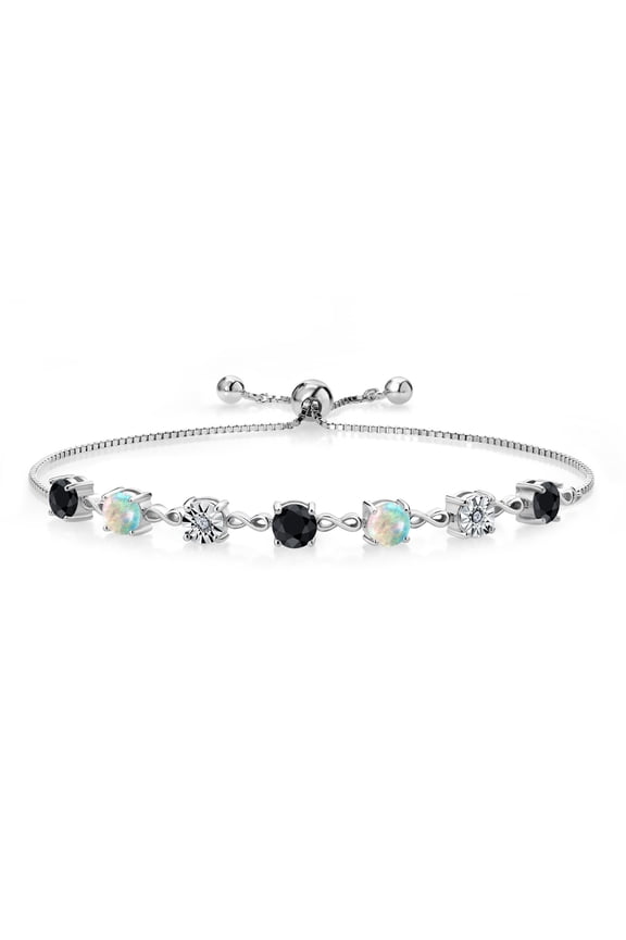 3.08 Ct Round Black Sapphire White Simulated Opal 925 Sterling Silver Lab Grown Diamond Tennis Bracelet for Women (Fully Adjustable up to 9 inch)