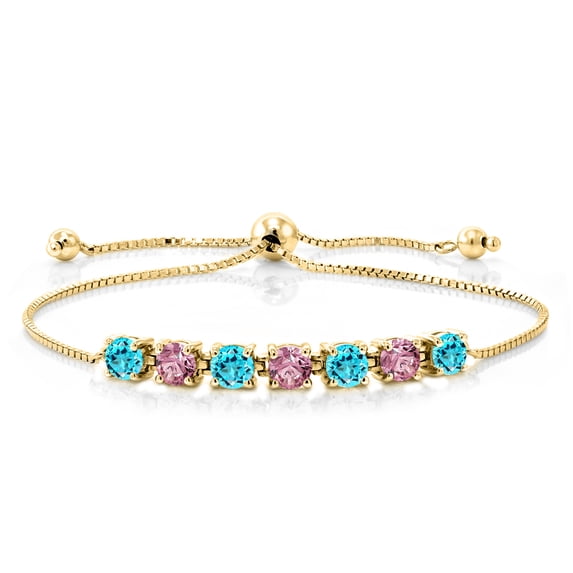 Gem Stone King 3.08 Ct Swiss Blue Topaz Pink Lab Grown Diamond 18K Yellow Gold Plated Silver Bracelet for Women