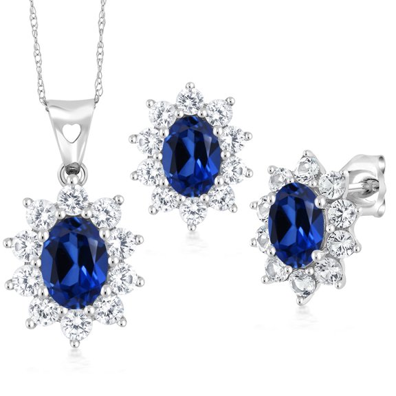 Gem Stone King 3.10 Ct Oval Blue Created Sapphire 10K White Gold Pendant and Earrings Jewelry Set