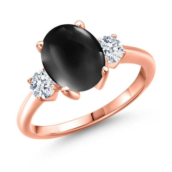 Gem Stone King 3.10 Ct Oval Cabochon Black Onyx 18K Rose Gold Plated Silver Ring