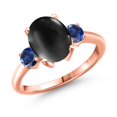 thumbnail image 1 of Gem Stone King 3.10 Ct Oval Cabochon Black Onyx Blue Created Sapphire 18K Rose Gold Plated Silver Ring, 1 of 6