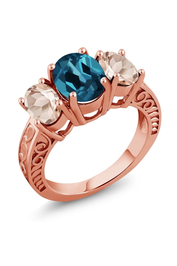 3.10 Ct Oval London Blue Topaz Peach Morganite 18K Rose Gold Plated Silver 3-Stone Ring (Size 9)