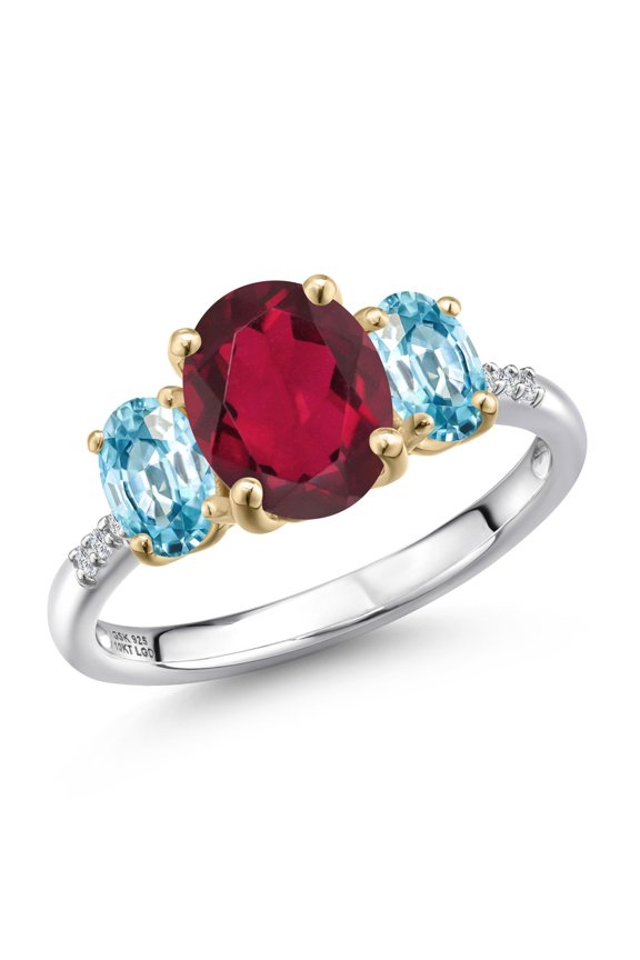 925 Silver and 10K Yellow Gold Ruby Red Mystic Quartz and Blue Zircon and Lab Grown Diamond Engagement Ring for Women | 3.16 Cttw | Oval 9X7MM | Birthstone | Size 8