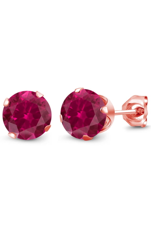 3.10 Ct Round 7mm Red Created Ruby 18K Rose Gold Plated Silver Stud Earrings for Women Men