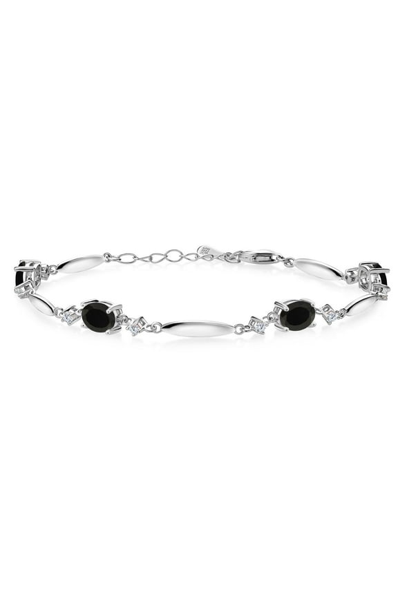 3.10 Cttw Black Onyx and White Moissanite Tennis Bracelet for Women in 925 Sterling Silver | Gemstone December Birthstone | Oval 7X5MM | 6 inch + 1 inch Extender