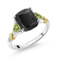 thumbnail image 1 of Gem Stone King 3.11 Ct Cushion Black Onyx Green Peridot 925 Silver and 10K Yellow Gold Diamond Ring (Size 5), 1 of 3