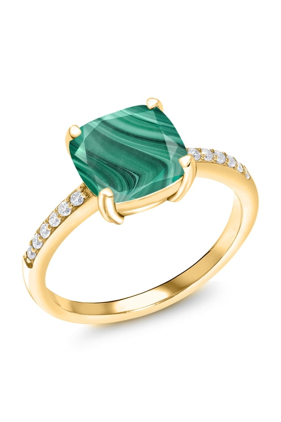 3.12 Ct Cushion Green Malachite 18K Yellow Gold Plated Silver Ring