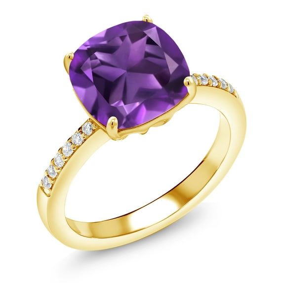 Gem Stone King 3.12 Ct Cushion Purple Amethyst 18K Yellow Gold Plated Silver Ring