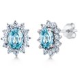 thumbnail image 1 of Gem Stone King 3.12 Ct Oval Blue Zircon 925 Sterling Silver Halo Princess Diana Kate Middleton Post Earrings, 1 of 6