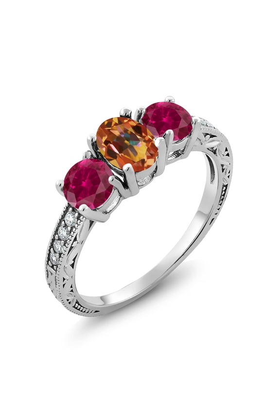 3.12 Ct Oval Ecstasy Mystic Topaz Red Created Ruby 925 Sterling Silver Moissanite Ring (Size 5)