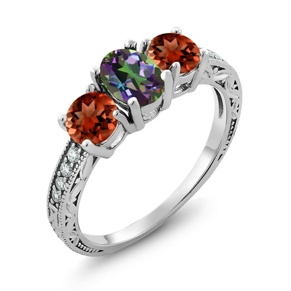 Gem Stone King 3.12 Ct Oval Green Mystic Topaz Red Garnet 925 Sterling Silver Moissanite Ring (Size 7)