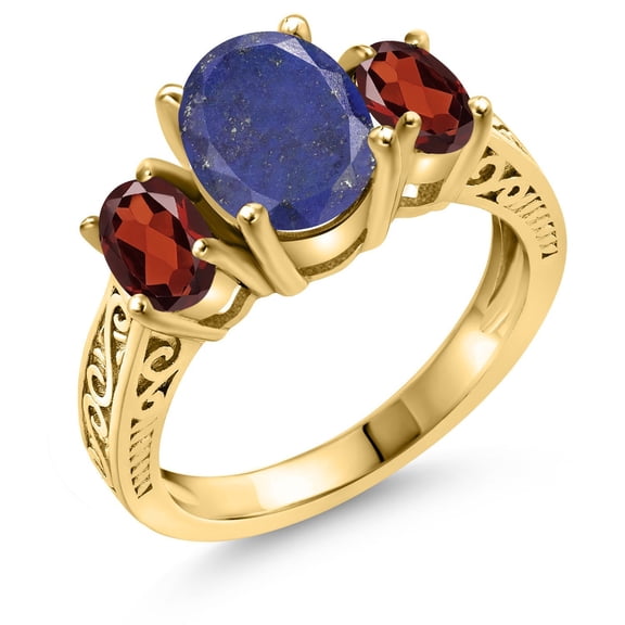 Gem Stone King 3.14 Ct Oval Blue Lapis Red Garnet 18K Yellow Gold Plated Silver Ring (Size 5)
