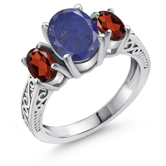 Gem Stone King 3.14 Ct Oval Blue Lapis Red Garnet 925 Sterling Silver Ring (Size 7)
