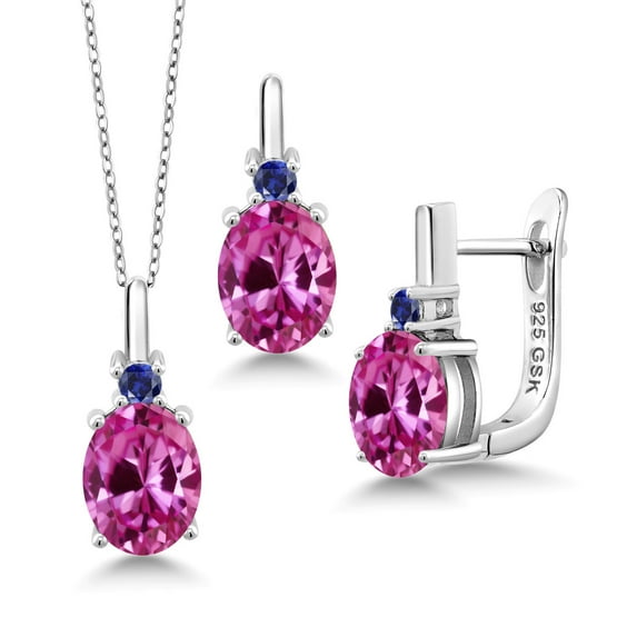 Gem Stone King 3.15 Ct Pink Created Sapphire Blue Created Sapphire 925 Sterling Silver Pendant and Earrings Jewelry Set