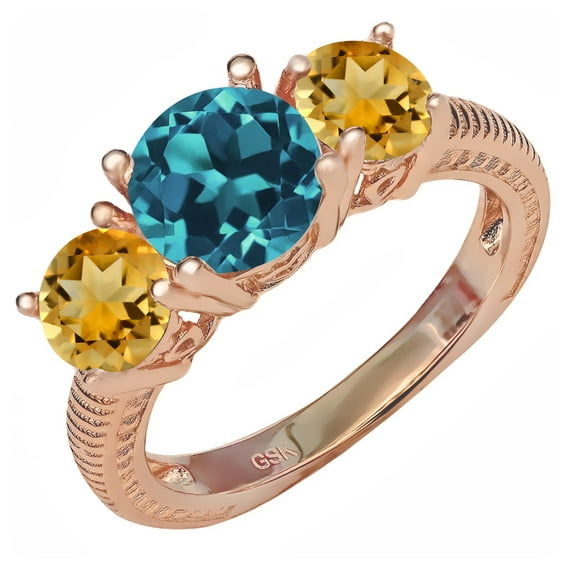 Gem Stone King 3.15 Ct Round London Blue Topaz Yellow Citrine 18K Rose Gold Plated Silver Ring (Size 5)