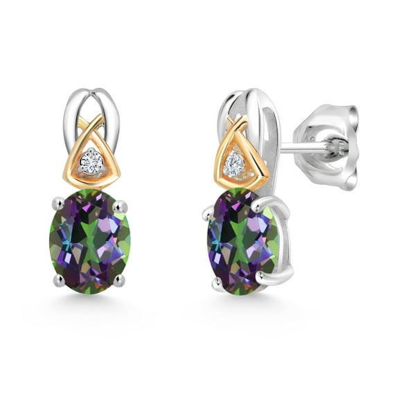Gem Stone King 3.17 Ct Green Mystic Topaz G/H Lab Grown Diamond 925 Silver and 10K Yellow Gold Earrings