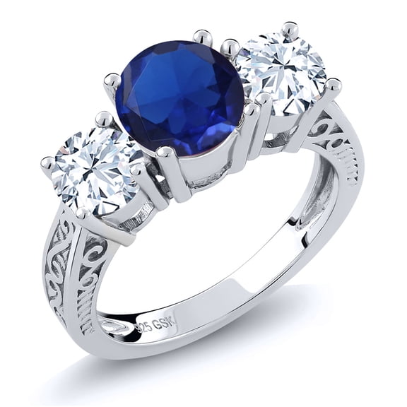 Gem Stone King 3.17 Cttw Blue Created Sapphire 3-Stone Engagement Ring for Women | 925 Sterling Silver | Three Stone Wedding Engagement Anniversary Promise Ring | Size 7