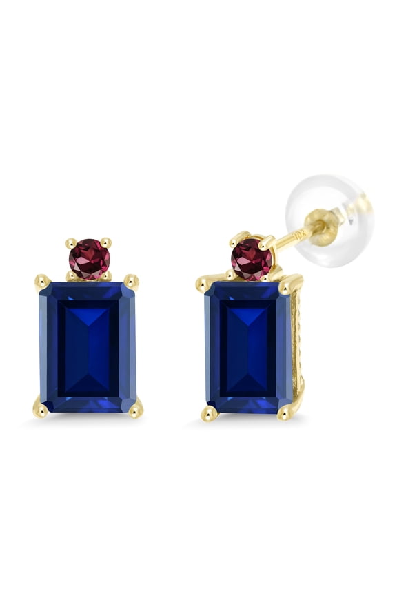 3.18 Ct Blue Created Sapphire Red Rhodolite Garnet 10K Yellow Gold Earrings