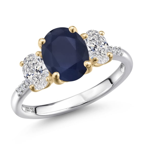 Gem Stone King 3.26 Cttw Blue Sapphire and White Lab Grown Diamond Engagement Ring for Women | 925 Silver and 10K Yellow Gold | Oval 9X7MM | Wedding Engagement Anniversary Promise Ring | Size 6