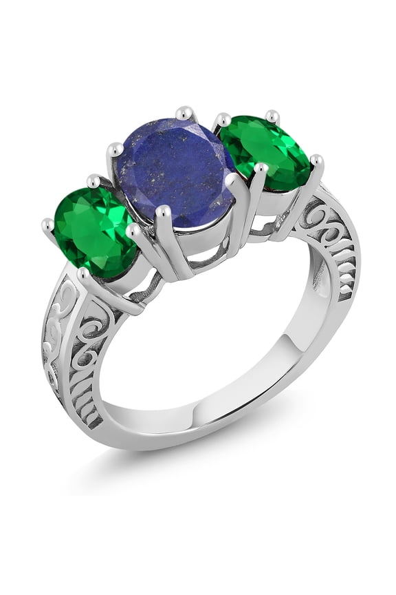 3.20 Ct Oval Blue Lapis Green Nano Emerald 925 Sterling Silver Ring (Size 5)