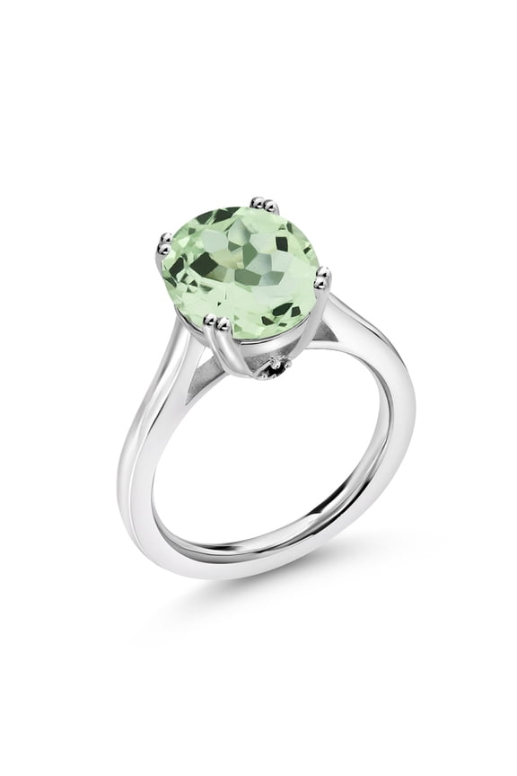 3.20 Ct Oval Green Prasiolite Black Diamond 925 Sterling Silver Ring