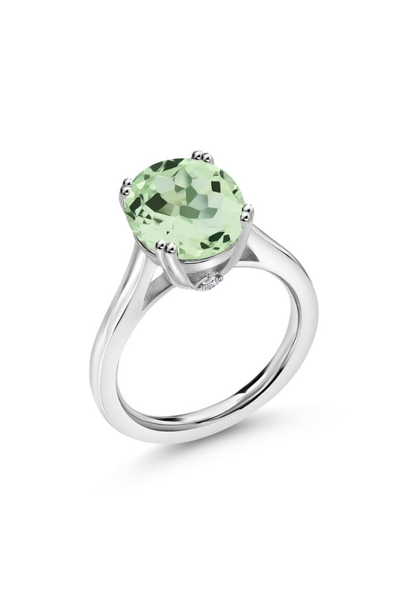 3.20 Ct Oval Green Prasiolite White Created Sapphire 925 Sterling Silver Ring
