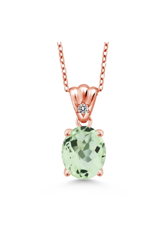 3.20 Ct Oval Green Prasiolite White Diamond 18K Rose Gold Plated Silver Pendant