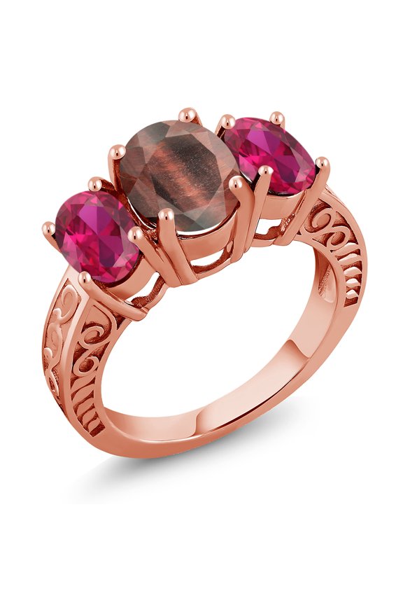 3.20 Ct Oval Red Tiger Eye Red Created Ruby 18K Rose Gold Plated Silver Ring (Size 9)