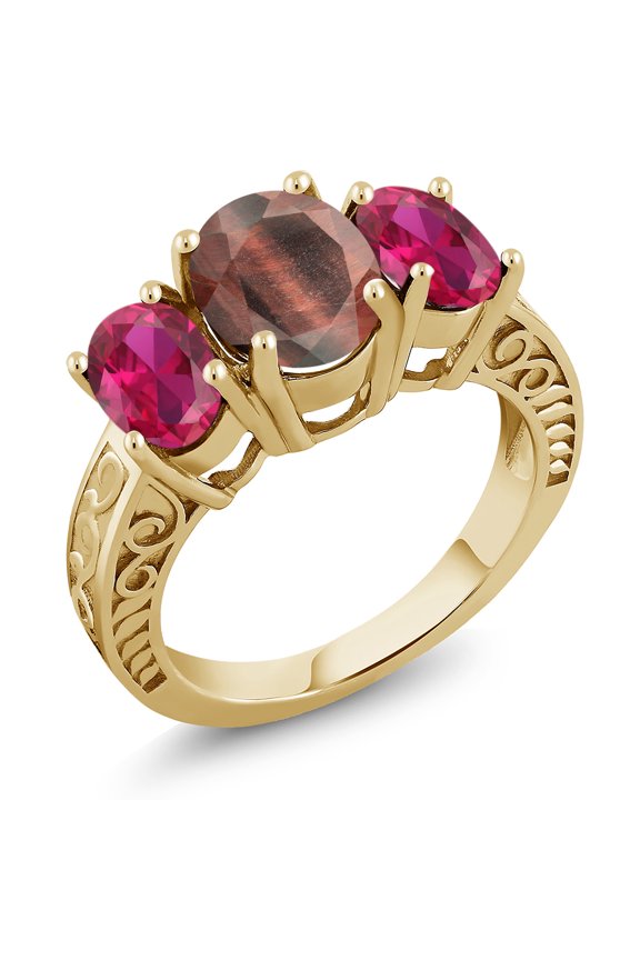 3.20 Ct Oval Red Tiger Eye Red Created Ruby 18K Yellow Gold Plated Silver Ring (Size 5)