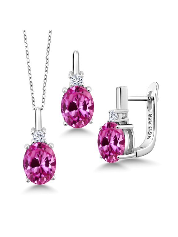 3.20 Ct Pink Created Sapphire E-F Lab Grown Diamond 925 Sterling Silver Pendant and Earrings Jewelry Set