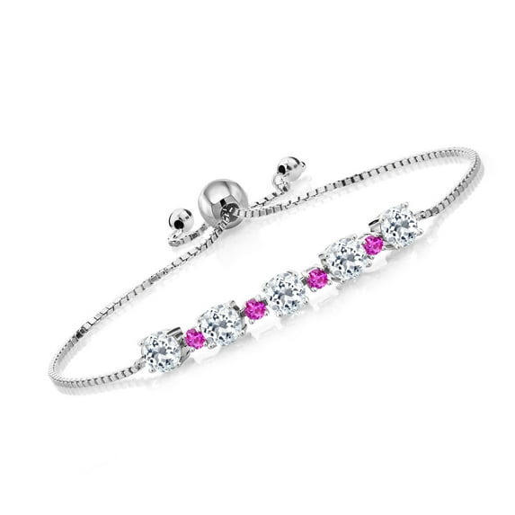 Gem Stone King 3.20 Ct Round White Topaz Pink Sapphire 925 Sterling Silver Tennis Bracelet for Women
