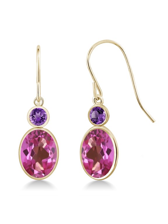 3.20 Cttw 14K Yellow Gold Pink Mystic Topaz and Purple Amethyst Hook French Fish Ear Wire Dangle Earrings for Women | Gemstone Birthstone | Oval 8X6MM and Round 3MM