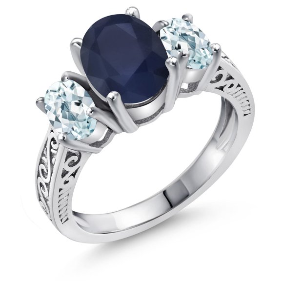 Gem Stone King 3.20 Cttw Blue Sapphire and Sky Blue Aquamarine 3 Stone Ring for Women | 925 Sterling Silver | Gemstone Birthstone (Size 8)