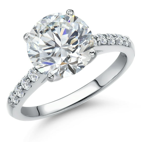 Gem Stone King 3.20 Cttw IGI Certified Lab Grown Diamond in 10K White Gold Engagement Ring for Women | 3.00 Ct Round Cut Center | E-F Color | VS1-VS2 Clarity | Size 7