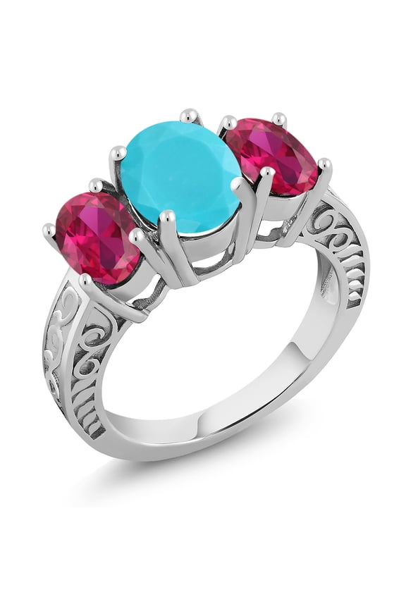 3.20 Cttw Oval Green Turquoise and Red Created Ruby 3-Stone Ring for Women | 925 Sterling Silver | Oval 9X7MM and 7X5MM (Size 9)