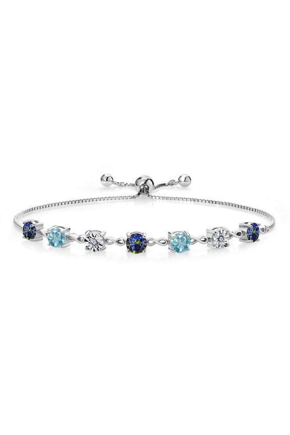 3.21 Ct Round Blue Mystic Topaz Blue Zircon 925 Sterling Silver Lab Grown Diamond Tennis Bracelet for Women (Fully Adjustable up to 9 inch)