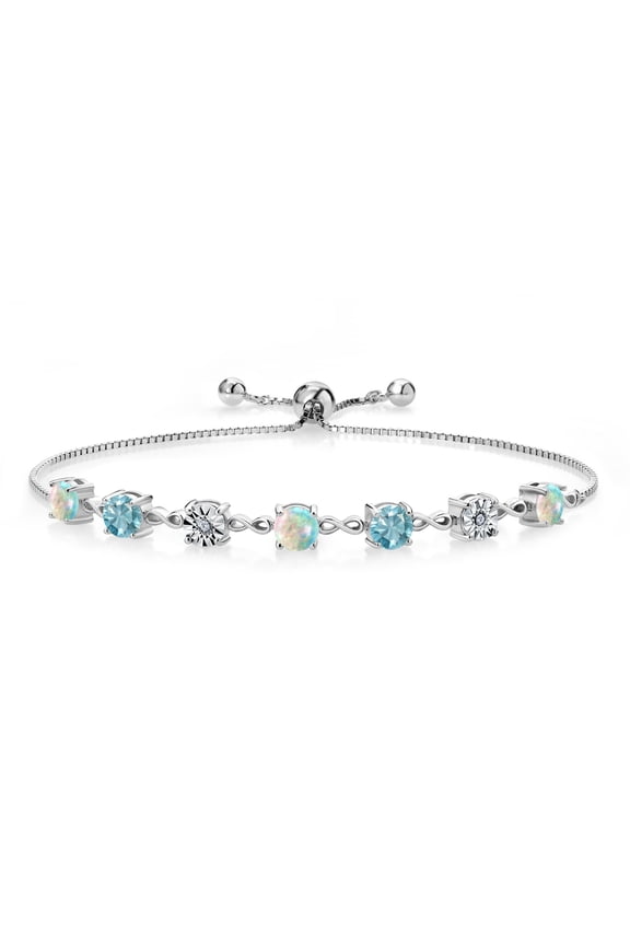 3.21 Ct Round Cabochon White Simulated Opal Blue Zircon 925 Sterling Silver Lab Grown Diamond Tennis Bracelet for Women (Fully Adjustable up to 9 inch)