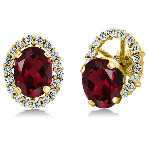 Gem Stone King 3.22 Ct Oval Red Rhodolite Garnet 18K Yellow Gold Plated Silver Earrings