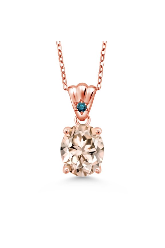 3.23 Ct Oval Peach Morganite Blue Diamond 18K Rose Gold Plated Silver Pendant