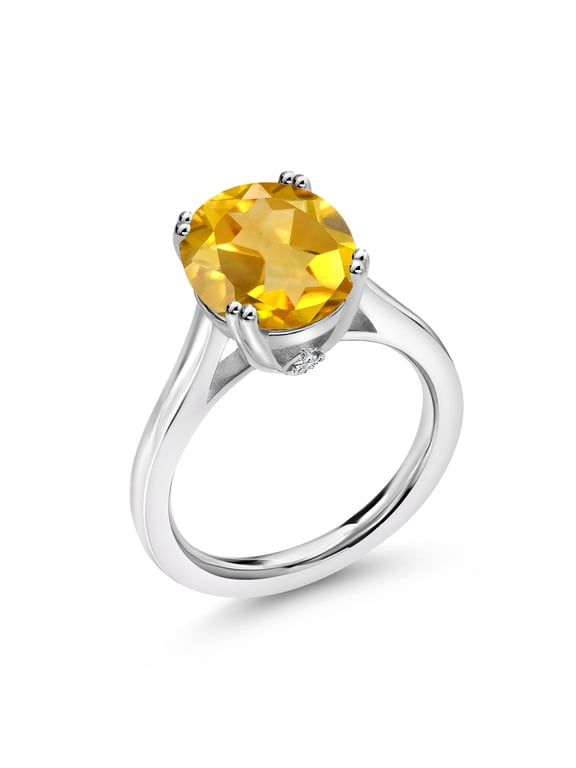 925 Sterling Silver Yellow Citrine and White Diamond Engagement Ring for Women | 3.23 Cttw | Oval 11X9MM | Gemstone November Birthstone | Size 7