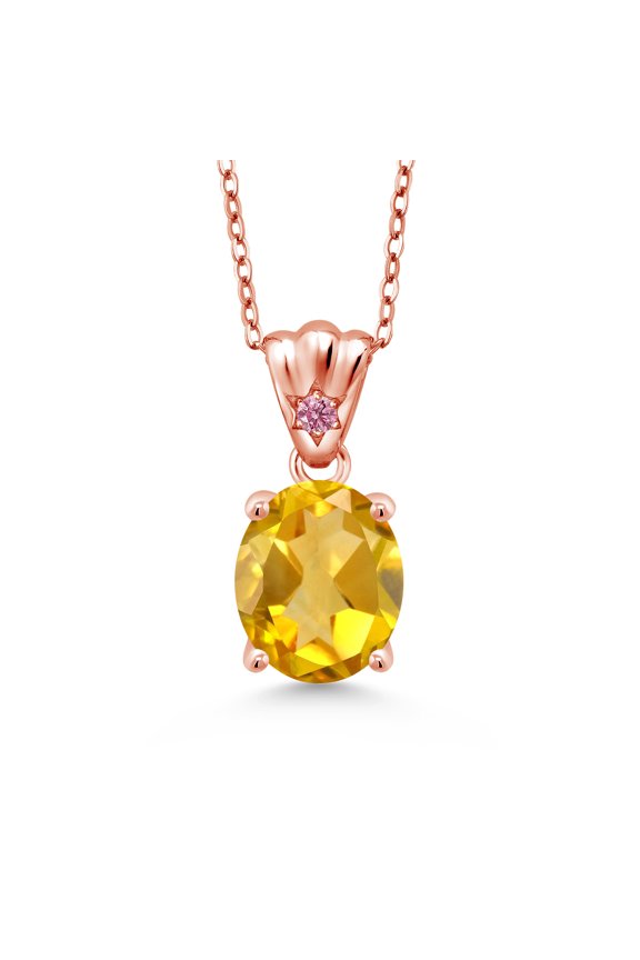 3.24 Ct Yellow Citrine Pink Lab Grown Diamond 18K Rose Gold Plated Silver Pendant