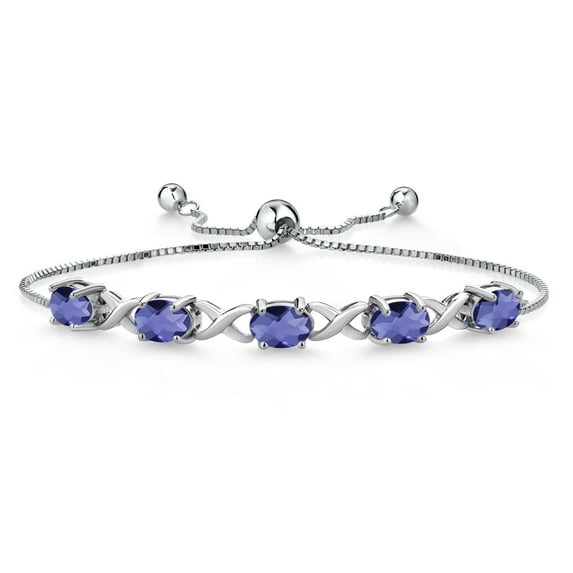 Gem Stone King 3.25 Cttw Blue Iolite Tennis Bracelet for Women | 925 Sterling Silver | Oval Checkerboard 7X5MM | Gemstone Birthstone | Adjustable Bolo Bracelet for Women | Easy-On Easy-Off
