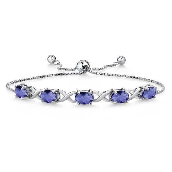 Gem Stone King 3.25 Cttw Blue Iolite Tennis Bracelet for Women | 925 Sterling Silver | Oval Checkerboard 7X5MM | Gemstone Birthstone | Adjustable Bolo Bracelet for Women | Easy-On Easy-Off