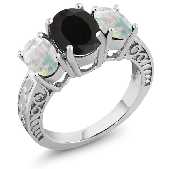 Gem Stone King 3.26 Cttw 9X7MM Oval Black Onyx and 7X5MM White Simulated Opal 925 Sterling Silver 3-Stone Ring for Women | Gemstone Birthstone (Size 6)