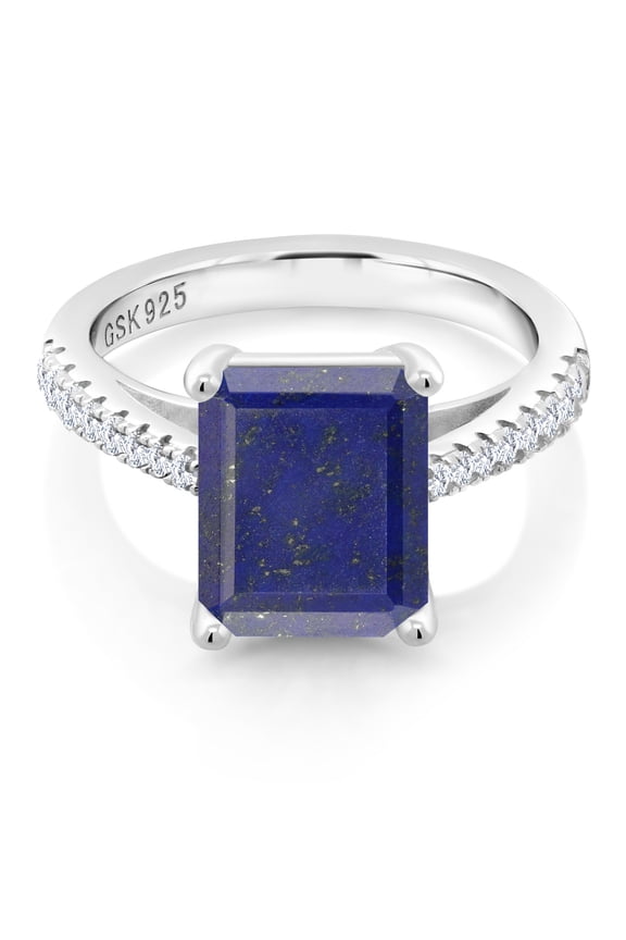 3.26 Cttw Blue Lapis and White Created Sapphire 925 Sterling Silver Ring for Women | Gemstone Birthstone | 10X8MM Emerald Cut | Available in Size 5, 6, 7, 8, 9