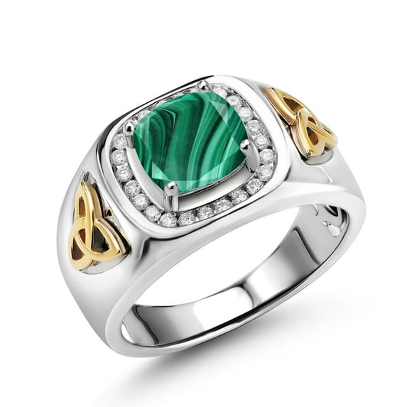 Gem Stone King 3.26 Ct Green Malachite Lab Grown Diamond 925 Silver and 10K Yellow Gold Men's Ring | Size 12