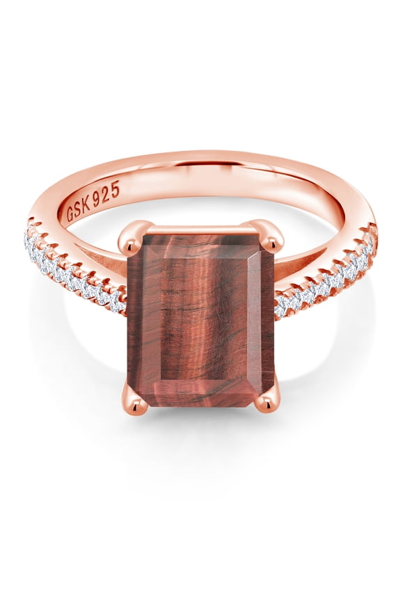 3.26 Ct Red Tiger Eye White Created Sapphire 18K Rose Gold Plated Silver Ring